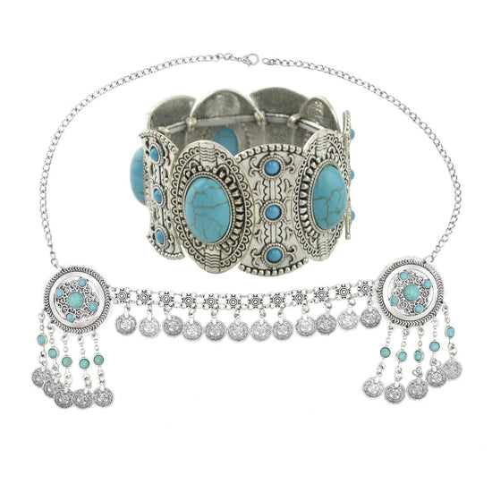 Traditional Kazakhstan Ethnic Coins Bracelet Hair Accessories  for Women Vintage Nepalese Tibetan Clothing Headwear Jewelry Set