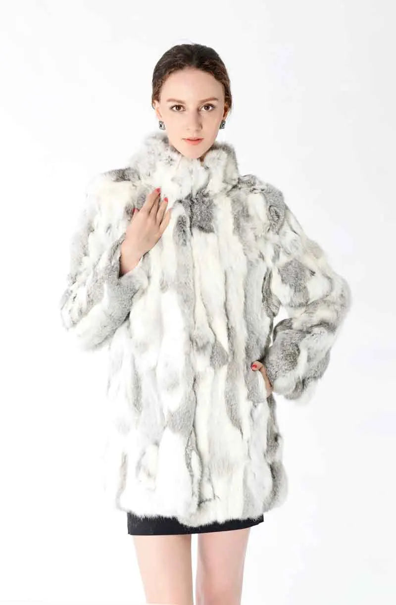 TONFUR Women's Real Rabbit Fur Coat Mandarin Collar Long Winter Jacket