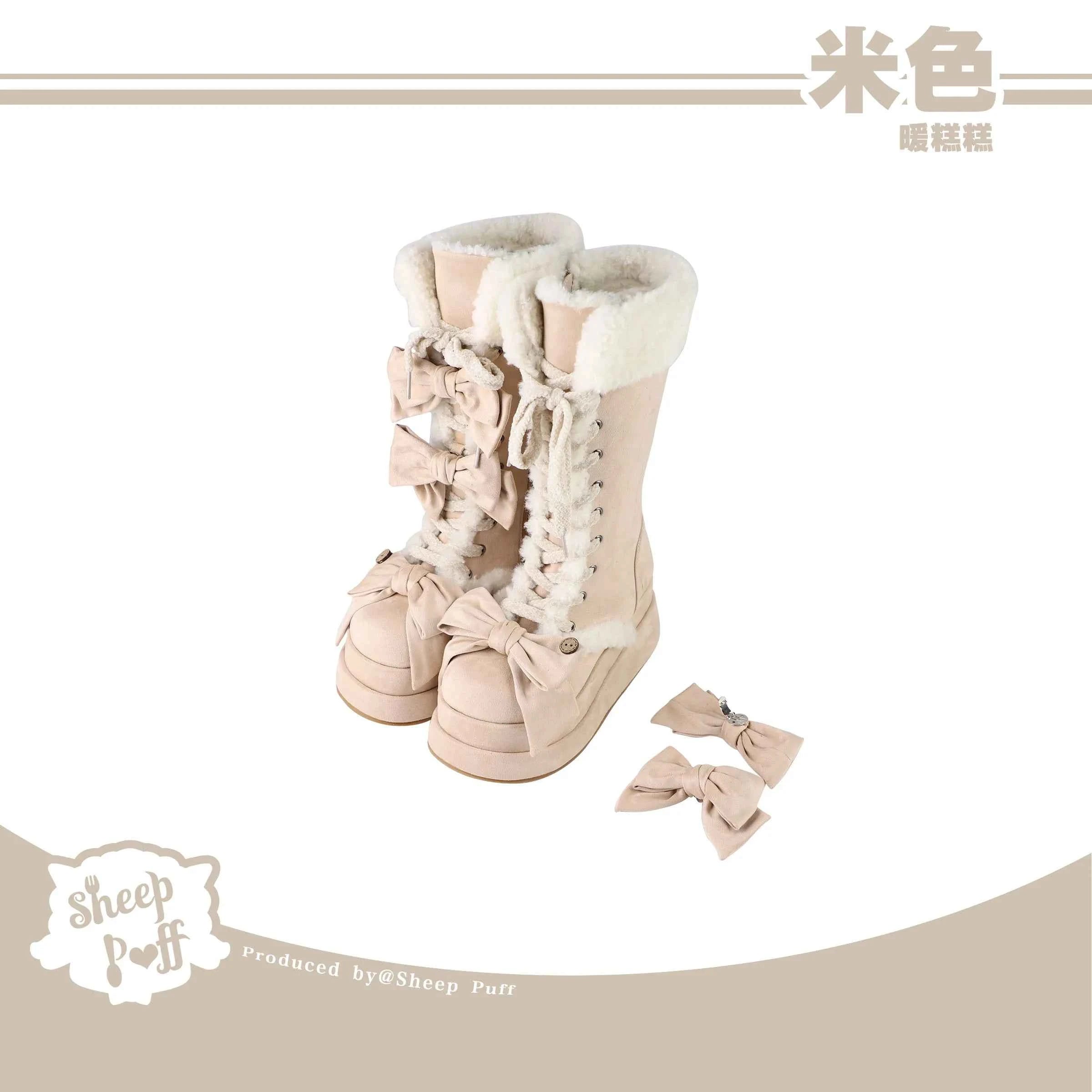 Lolita Winter Calf Boots Original Cute Bow Women's Warm Snow Boots Plush Warm Girl Female Suede Long Fur Boots