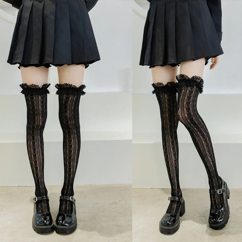 Women Lolita Fishnet Thigh High Socks Japanese Style Heart Striped Lace Patterned Over Knee Long Stockings Ruffled Frilly Kawaii SS69