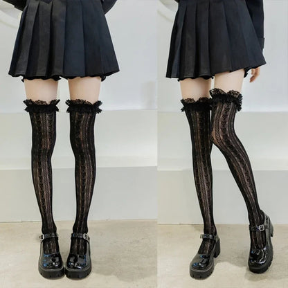 Women Lolita Fishnet Thigh High Socks Japanese Style Heart Striped Lace Patterned Over Knee Long Stockings Ruffled Frilly Kawaii SS69