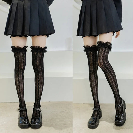 Women Lolita Fishnet Thigh High Socks Japanese Style Heart Striped Lace Patterned Over Knee Long Stockings Ruffled Frilly Kawaii SS69