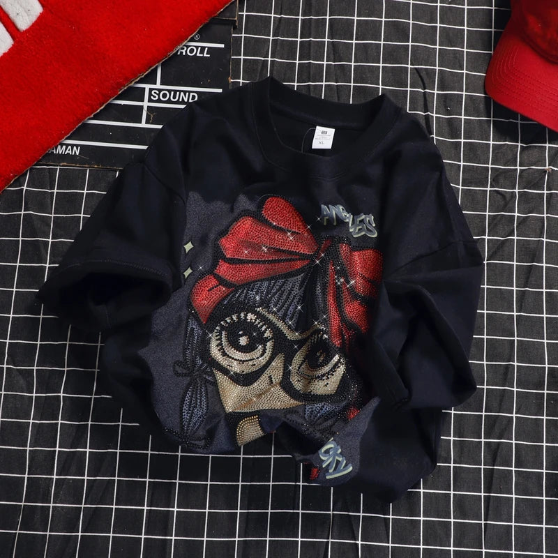 Oversized chubby girl European product heavy diamond embossed cartoon girl top, mid-length loose women's short-sleeved T-shirt SS69