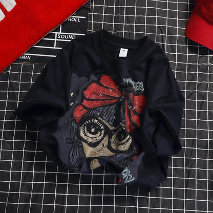 Oversized chubby girl European product heavy diamond embossed cartoon girl top, mid-length loose women's short-sleeved T-shirt SS69