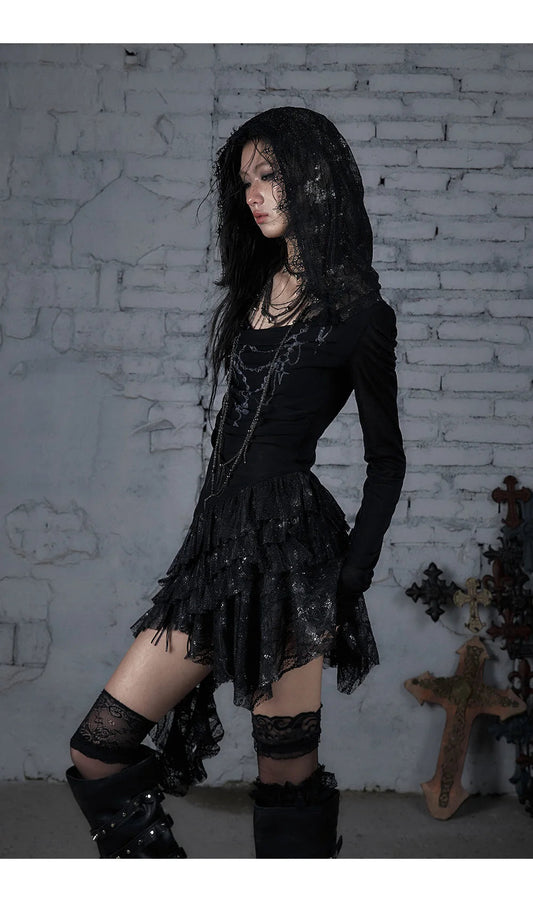 NO ROMANCE Fairy Sexy Punk Printing Half Transparent Lace Patch Knitted Long Sleeve Hooded Dresses Rock Gothic Design Vestidos SS69