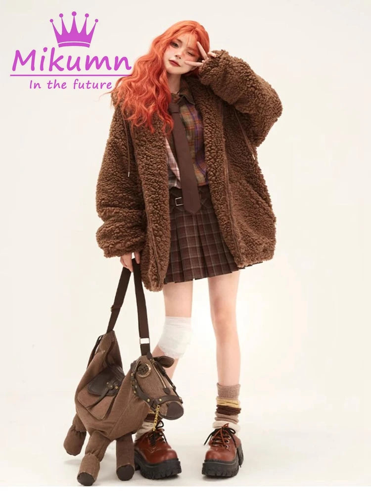 Mikumn Harajuku Y2k Cute Bear Ears Lamb Wool Coat Women's Winter Soft Thickened Warm Hooded Overcoat Female Casual Outwear SS69