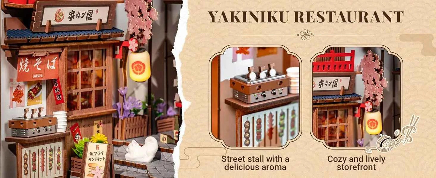 Robotime Sakura Wine Alley DIY Booknook with Lights DIY Miniature Dolls House Kit 3D Wooden Puzzle Bookend Bookshelf Decor Gift