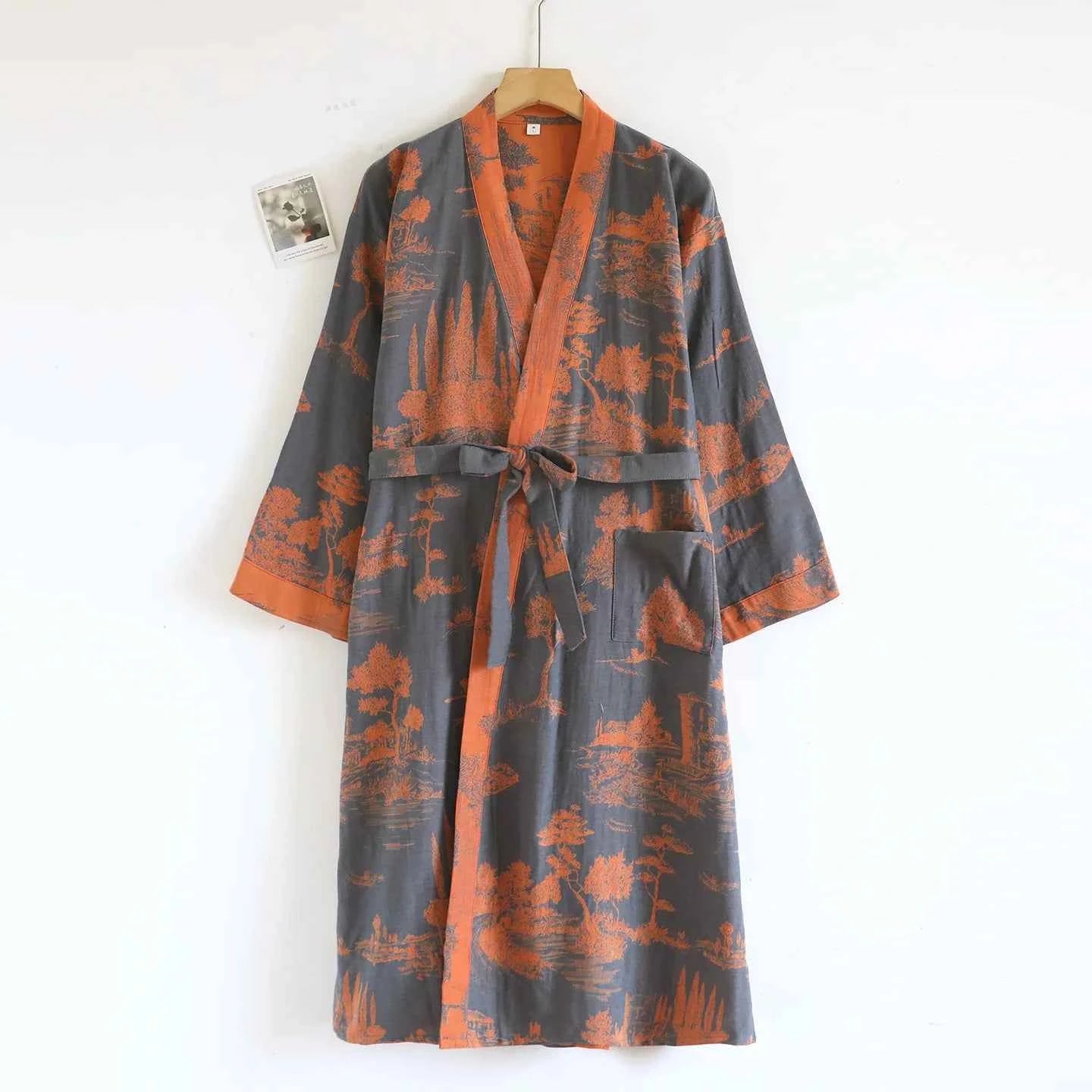 Cotton-colored Woven Jacquard Kimono Robes with Belt Loose Men's Long Sleeve Large Size Yukata Sweat-steamed Clothes