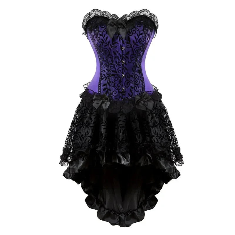 Plus Size Vintage Floral Lace Corset Bustier & Skirt Set - Green