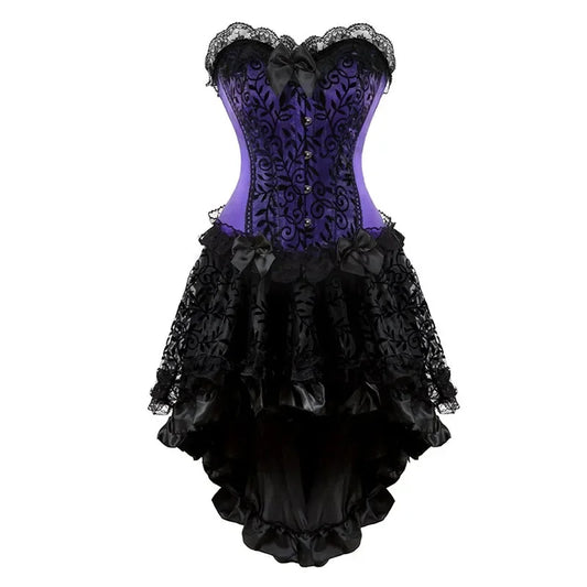SS69 Plus Size Vintage Floral Lace Corset Bustier and Skirt Set - Green
