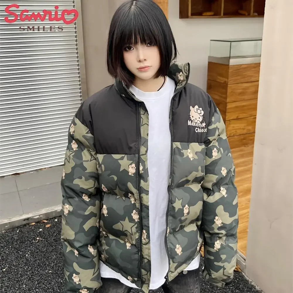 Sanrio Y2K Hello Kitty Winter Women Camouflage Down Jacket Thicken Coat Anime Kawaii Warm Cotton Clothes Tops Girl Student Loose SS69
