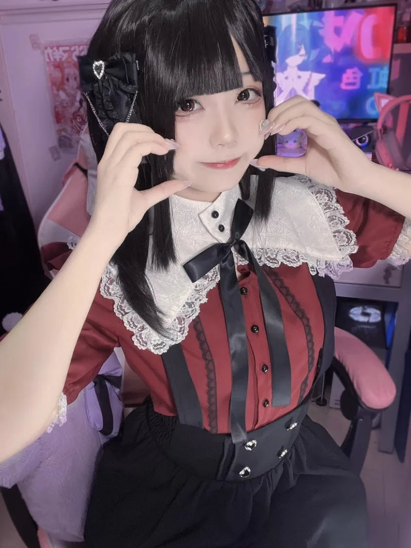 Gothic Y2k Lolita Shirt Japanese Harajuku Girls Sweet Lace Ruffles Bow Puff Sleeve Blouses Women Punk Clothes Tops Blusas Mujer SS69