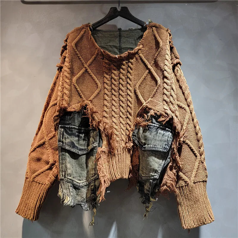 [EWQ] Vintage Long Sleeve Denim Pockets Patchwork V-Neck Orange-red Sweater Loose Tops Old Designs Women Pullover Knitted 6U1329 SS69 75.69 Brown / One Size