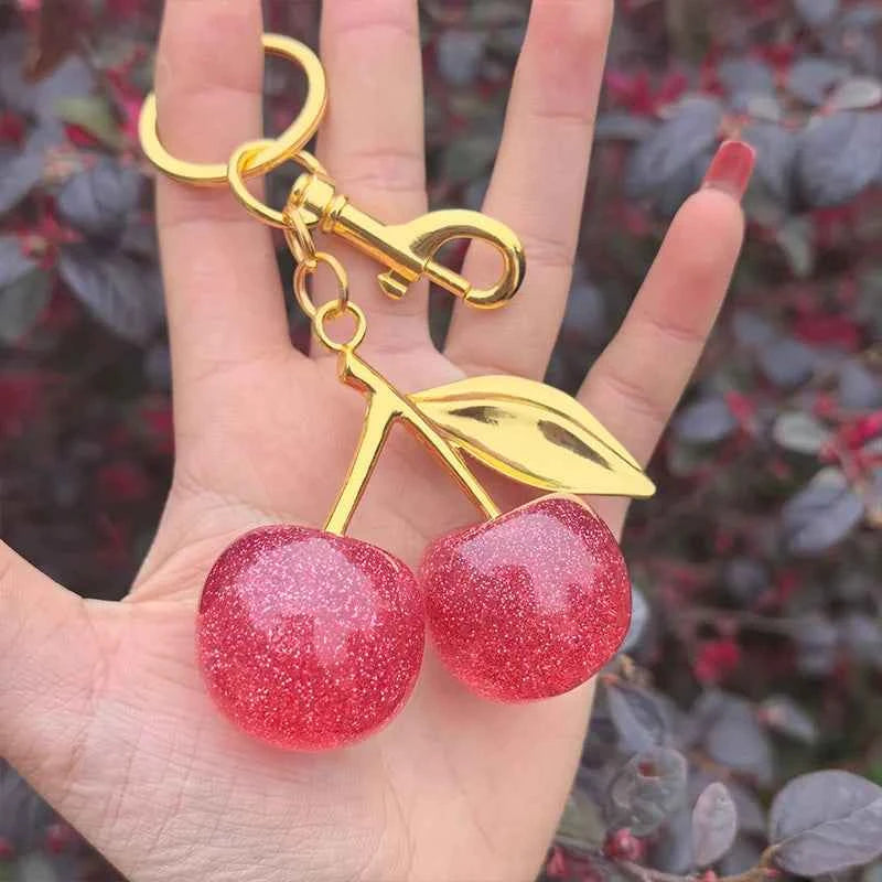 Fashion Delicate Red Cherry Charm Keychain 3 Color Gold Silver Keyring Elegant Women's Backpack Purse Charm Earrings Jewelry
