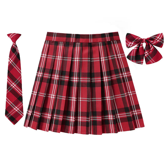 Beauty 2024 Women Plaid Pleat Skirt With Necktie Bowtie Preppy Japanese School Girls New Autumn Winter Preppy Style Mini Skirt SS69 19.69 Red / M / CN