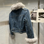 Winter Women Denim Coat Jacket Fox Collar Short  Warm High Street Outerwear Thicken Coat High Quality Luxury Design Party Wear