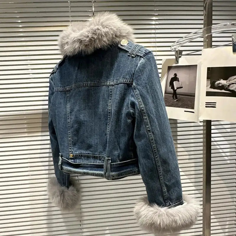 Winter Women Denim Coat Jacket Fox Collar Short  Warm High Street Outerwear Thicken Coat High Quality Luxury Design Party Wear