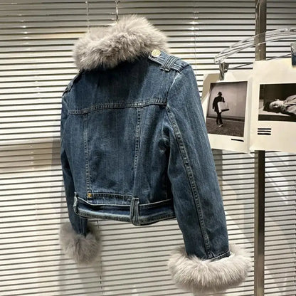 Winter Women Denim Coat Jacket Fox Collar Short  Warm High Street Outerwear Thicken Coat High Quality Luxury Design Party Wear