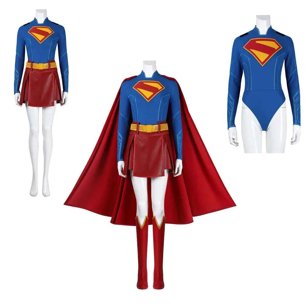 SS69 Supergirl Cosplay Costume Set with Jumpsuit, Cape, and Belt - Elastane