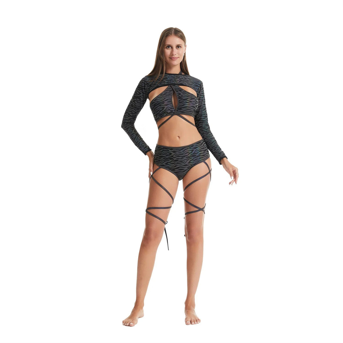 Harajuku Fashion Women Colorful Reflective Set Bandage Shorts+Bra+Crop Top Techwear Clothing Conjuntos Curtos SS69