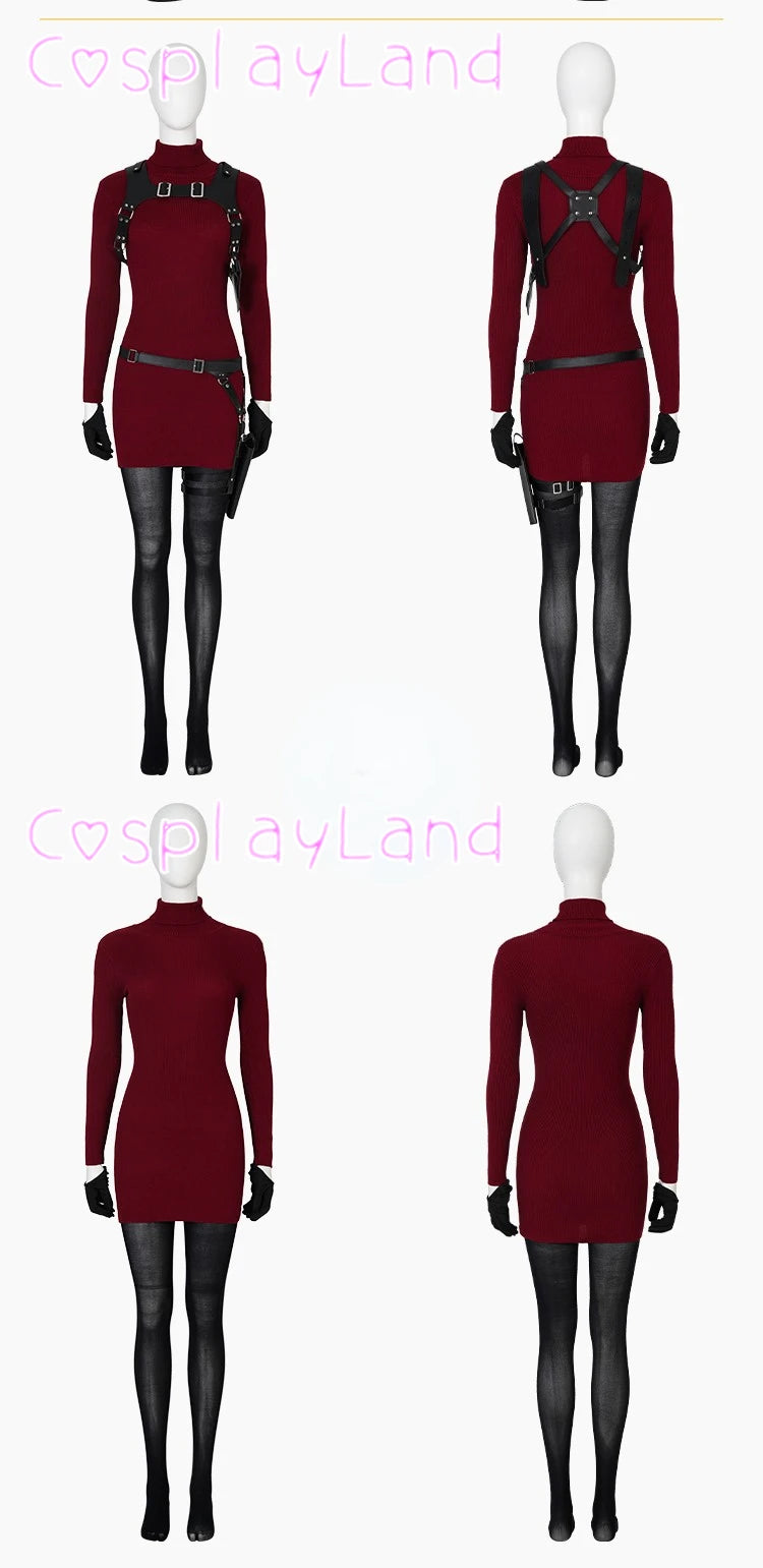 Female Ada Wong Cosplay Costume Clothing Resident 4 Remake Ada Red Women Dress Role Playing Halloween Game Set with Shoes