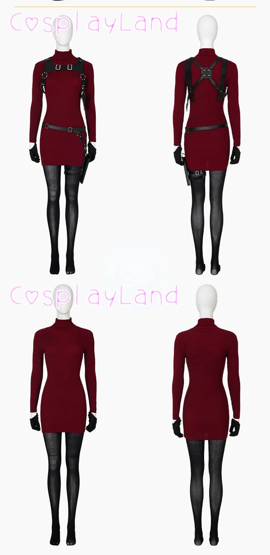 Female Ada Wong Cosplay Costume Clothing Resident 4 Remake Ada Red Women Dress Role Playing Halloween Game Set with Shoes