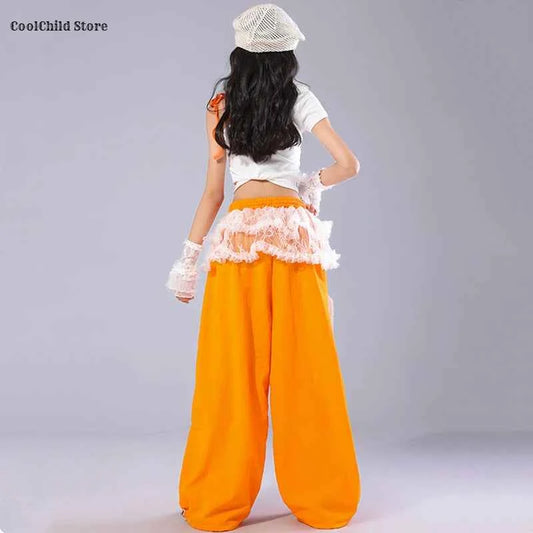 Girls K-pop Off Shoulder Crop Top Lace Cargo Pants Dance Shorts Kids Hip Hop Streetwear Children Jazz Girl Group Clothes Sets