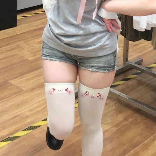 SS69 Japanese Kawaii Expression Thigh High Socks - White Plaid Over Knee