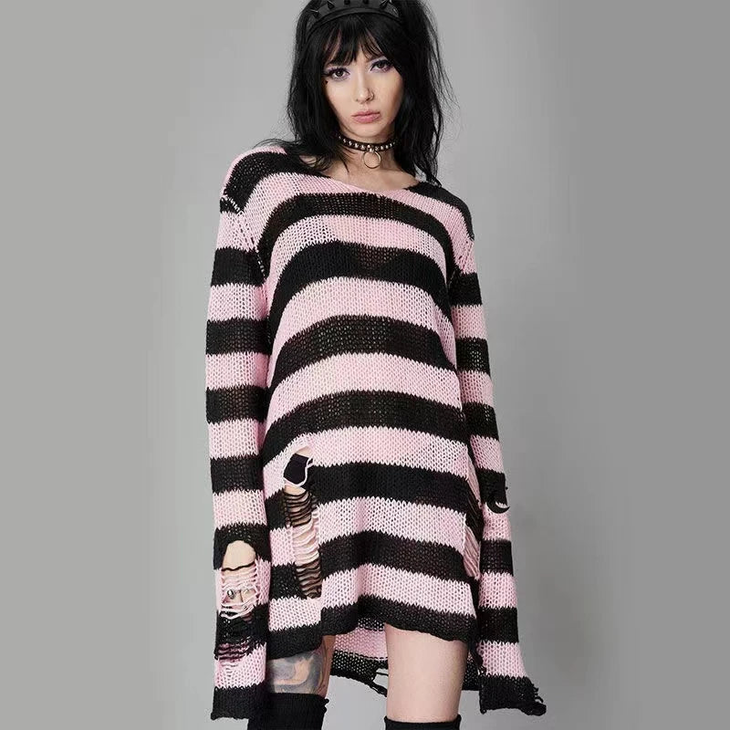 New Streetwear Top Punk Gothic Long Unisex Sweater Summer Women Striped Cool Hollow Out Hole Broken Jumper Loose Rock Thin Dark
