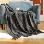 Handmade Crochet Knit Throw Blanket with Tassels, 100% Acrylic