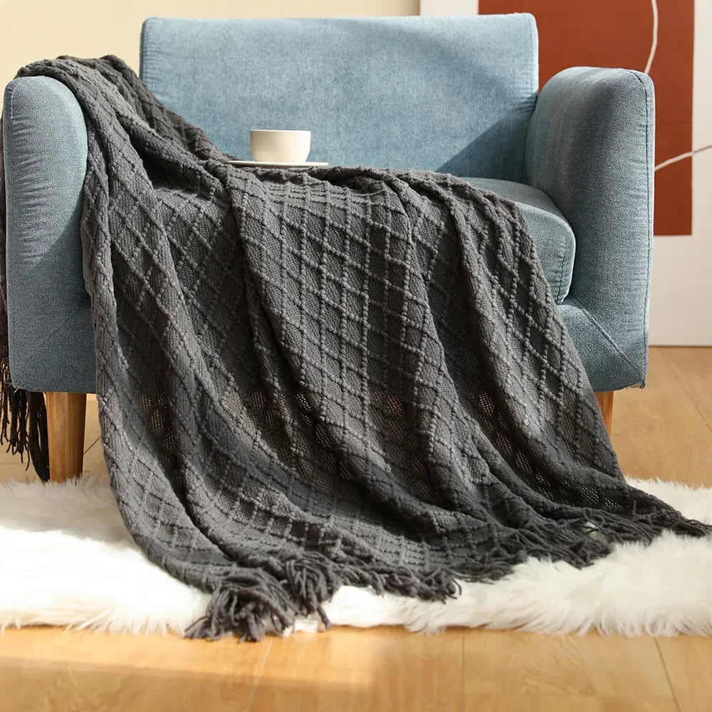 Handmade Crochet Knit Throw Blanket with Tassels, 100% Acrylic