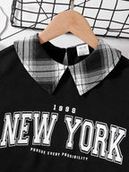 Girls Fashion Casual 2-Piece Set Black Lapel Long-Sleeved Letter Print Shirt Plaid Skirt Spring Autumn New