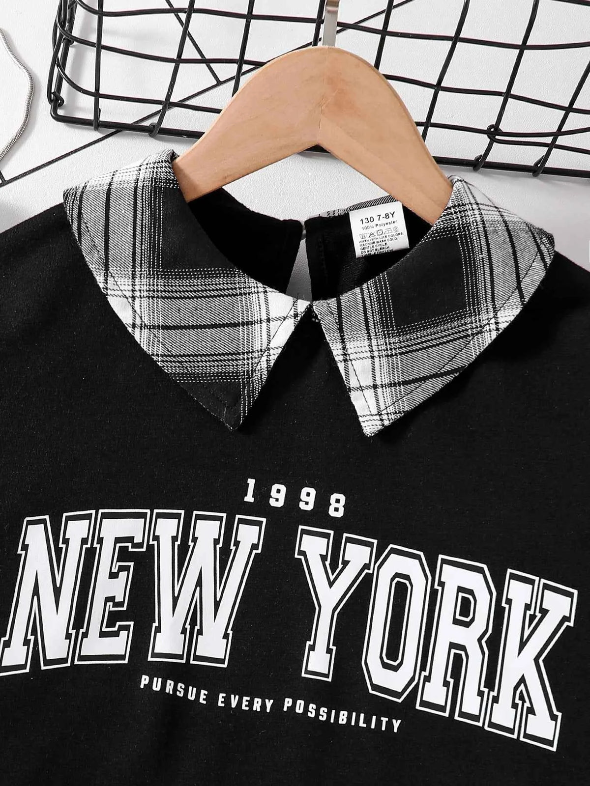 Girls Fashion Casual 2-Piece Set Black Lapel Long-Sleeved Letter Print Shirt Plaid Skirt Spring Autumn New
