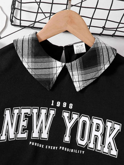 Girls Fashion Casual 2-Piece Set Black Lapel Long-Sleeved Letter Print Shirt Plaid Skirt Spring Autumn New