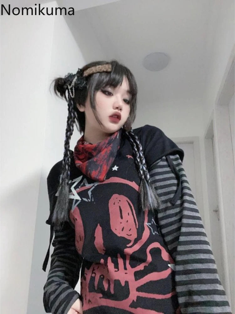 Oversized T Shirt Women's Clothing Chic Fake Two Tees 2025 Ropa Mujer Anime Punk Camisetas Skull Y2k Tops Casual Fashion T-shirt SS69