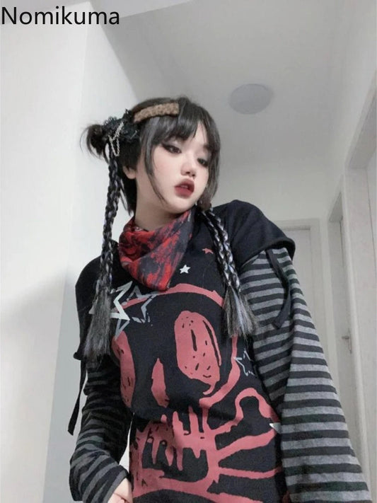 Oversized T Shirt Women's Clothing Chic Fake Two Tees 2025 Ropa Mujer Anime Punk Camisetas Skull Y2k Tops Casual Fashion T-shirt SS69