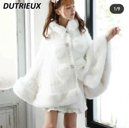 Fall Winter New Sweater Cardigan Women Japanese Mine Sweet Soft Waxy Thick Sweet Pearl Button Hooded Knitted Sweater Cape Jacket