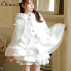 Liz Japanese Sweet Princess Faux Rabbit Fur Cape Coat Autumn Winter Girl Women Fur Jacket Clock Rhinestone Bow Hooded Coat
