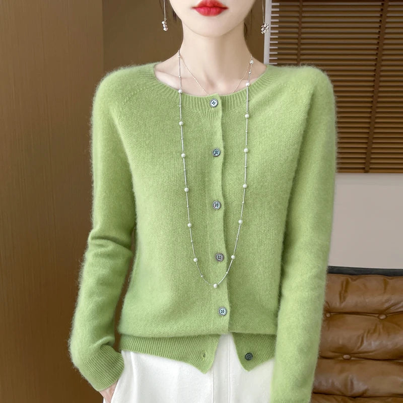 100%Merino Wool Cardigan Women's Round Neck Casual High-Quality AutumnWinter Solid Color Jacket Knit Basic Sweater Pure Wool Top SS69 23.69 griut green / L / CHINA