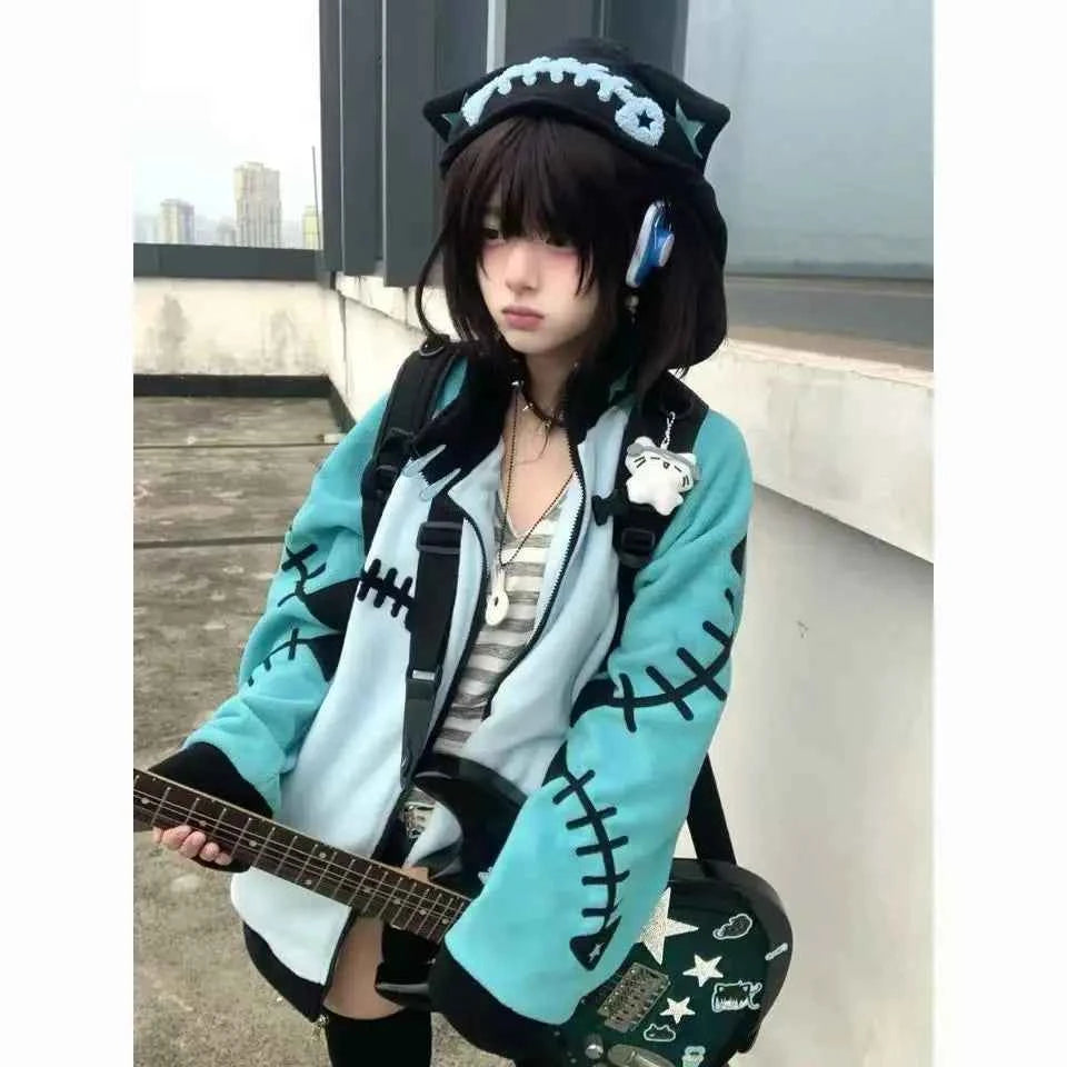 SS69 Japanese Punk Cat Ear Fish Bone Zip-Up Oversized Hoodie Blue
