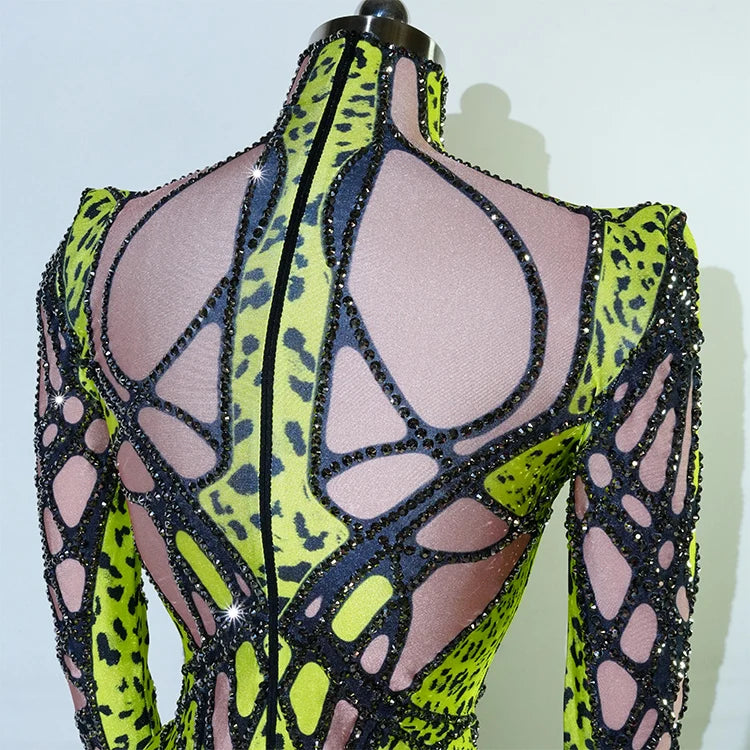 Women's Green Rhinestone Bodysuit High Elasticity Dance Outfit