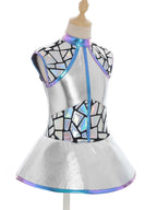 Girls Shiny Alien Outerspace Halloween Cosplay Costume Sleeveless Mock Zip Neck Tutu Dance Dress for Future World Party