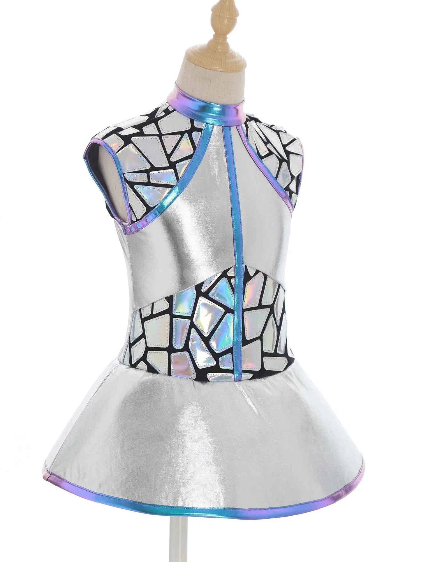 Girls Shiny Alien Outerspace Halloween Cosplay Costume Sleeveless Mock Zip Neck Tutu Dance Dress for Future World Party