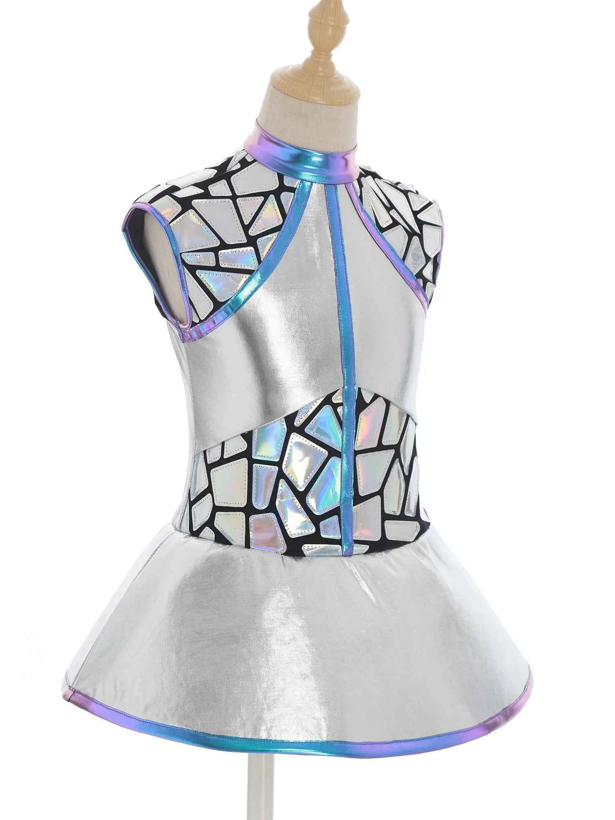 Girls Shiny Alien Outerspace Halloween Cosplay Costume Sleeveless Mock Zip Neck Tutu Dance Dress for Future World Party