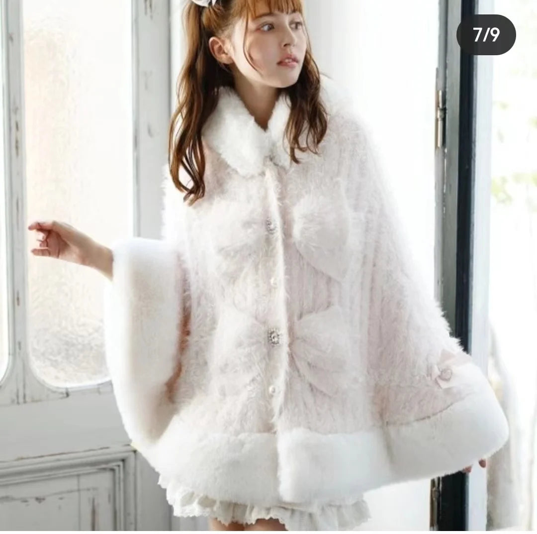 Godivana Lolita Faux Fur Cape Coat with Bow & Rhinestones