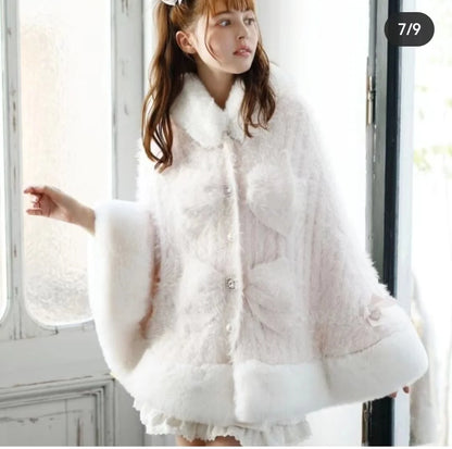 Godivana Lolita Style Faux Rabbit Fur Cape Coat with Bow & Rhinestones - White