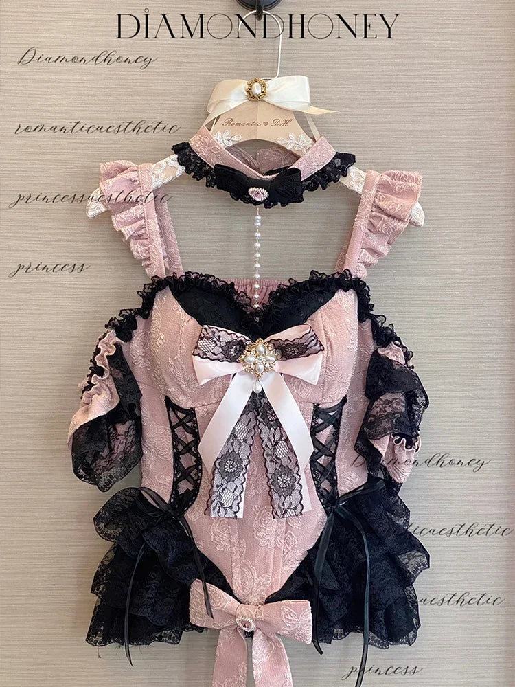 2024 New Spring Summer Ladies Exquisite Lace Skirt Suit Lolita Sweet Womens Black Pink Bow Tube Top Sling Short Cake Skirt Set SS69