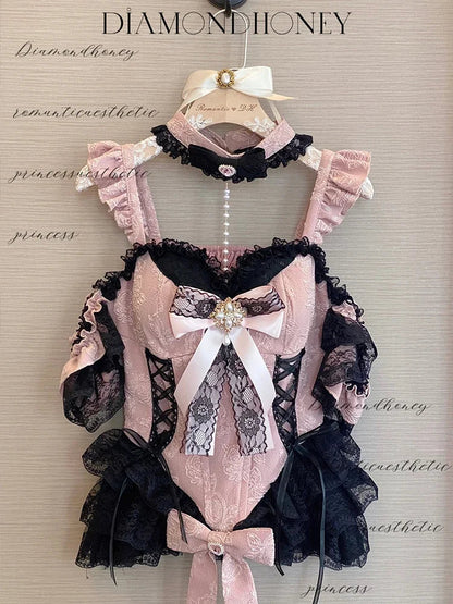 2024 New Spring Summer Ladies Exquisite Lace Skirt Suit Lolita Sweet Womens Black Pink Bow Tube Top Sling Short Cake Skirt Set SS69