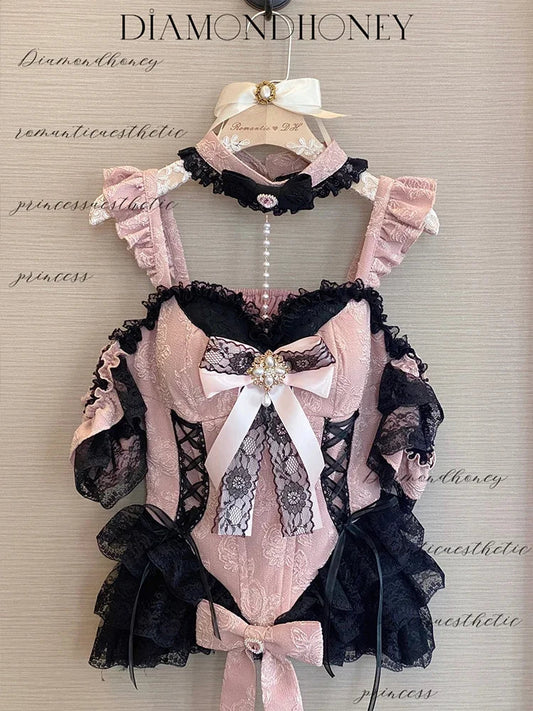 2024 New Spring Summer Ladies Exquisite Lace Skirt Suit Lolita Sweet Womens Black Pink Bow Tube Top Sling Short Cake Skirt Set SS69