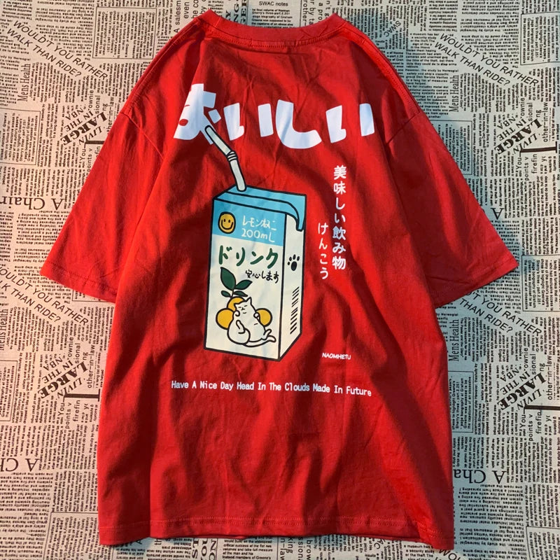 Cute Japanese Cat Print Oversized T-shirt Women Men Short Sleeve Loose Casual Tee Shirt Streetwear Tops Cotton Harajuku Clothing SS69